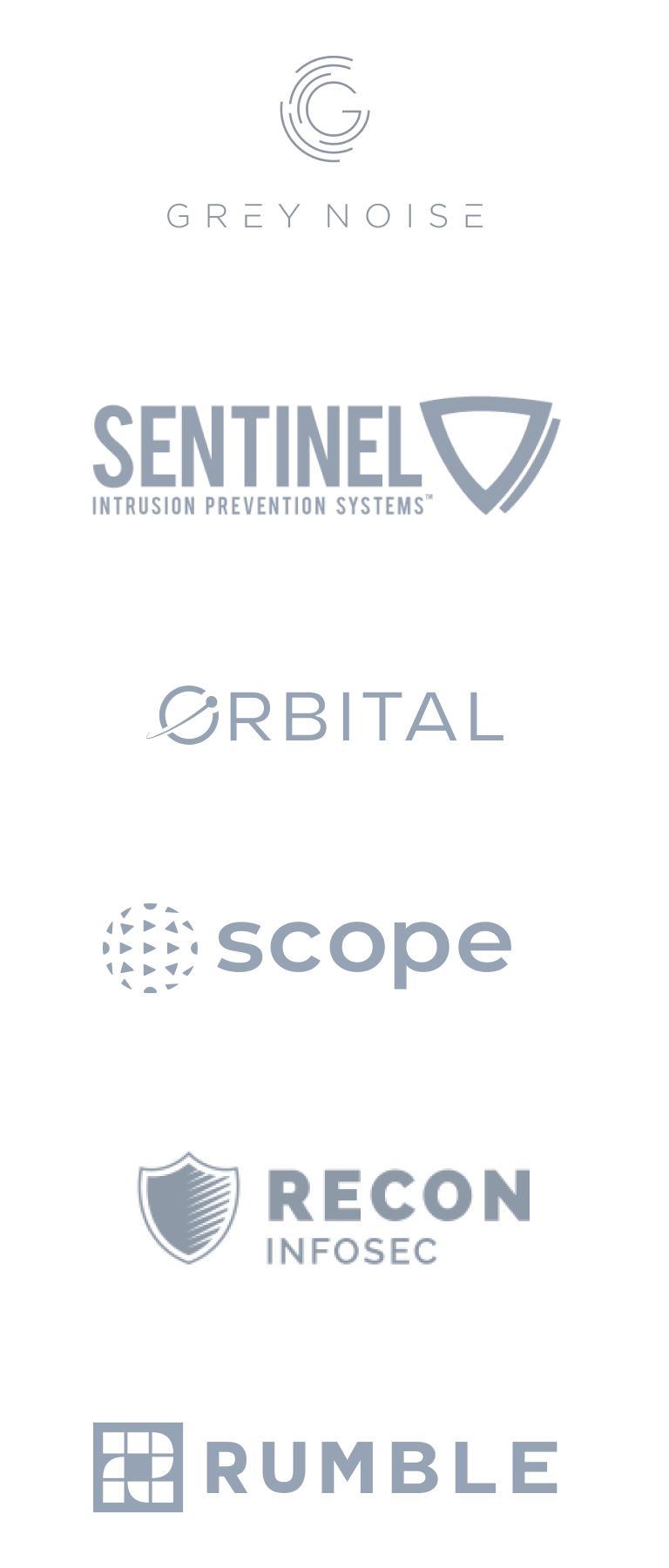 Our clients include Grey Noise, Sentinel Intrusion Prevention Systems, Orbital, Scope, Recon Infosec, and Rumble.